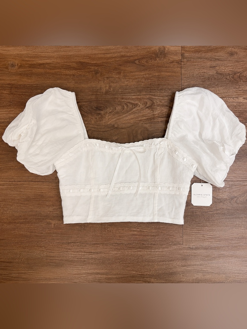Altar'd State White Eyelet Puff-Sleeve Crop Top